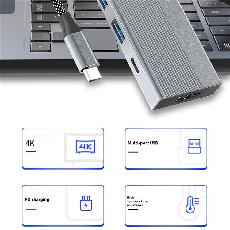 8-in-1 Type-C Hub Aluminum Alloy Docking Station, 4K HD + RJ45 + USB-C + 2 USB 3.0 + TF / SD Card Reader