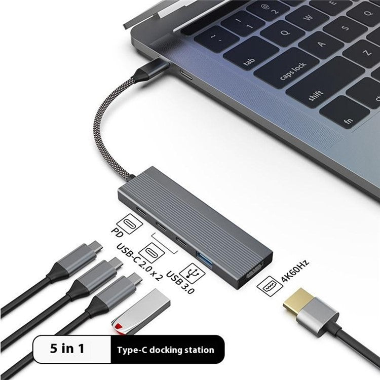 5-in-1 Docking Station Type-C Hub with 4K 60Hz HD + 2x USB-C + USB 3.0 + PD Charging Port