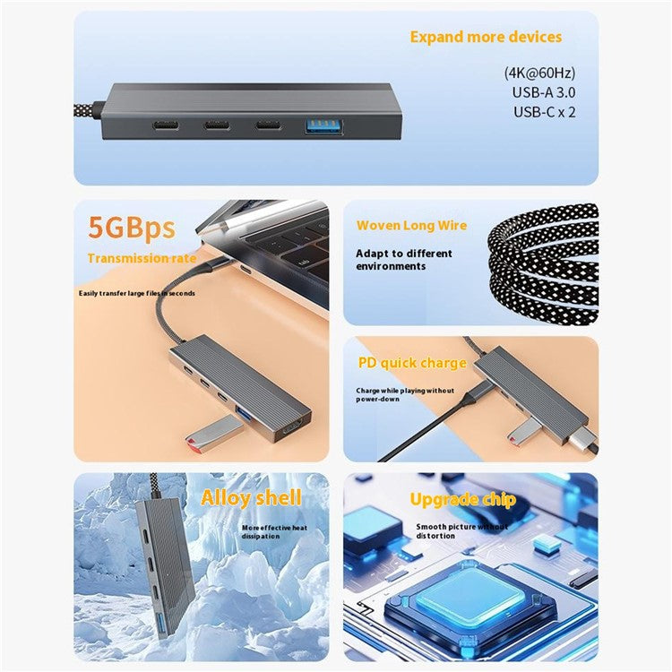 5-in-1 Docking Station Type-C Hub with 4K 60Hz HD + 2x USB-C + USB 3.0 + PD Charging Port