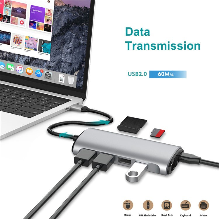 FX-1926B 8 in 1 Type-C Hub Dongle with HDMI 4K@60Hz / RJ45 Ethernet / 100W Power Delivery / SD / TF Card Reader