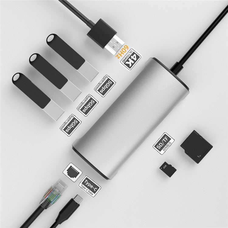 FX-1926B 8 in 1 Type-C Hub Dongle with HDMI 4K@60Hz / RJ45 Ethernet / 100W Power Delivery / SD / TF Card Reader