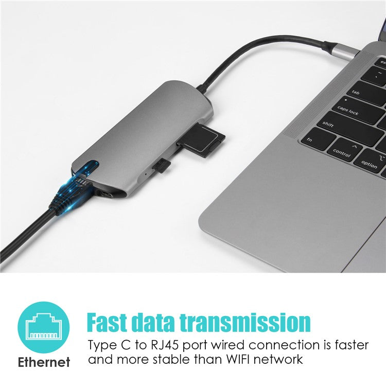 FX-1916 Type-C HUB 8 in 1 USB-C Adapter with 4K@30Hz HDMI / 100W PD USB C Port / USB 3.0 / RJ45 Ethernet / SD / TF Card Reader Docking Station