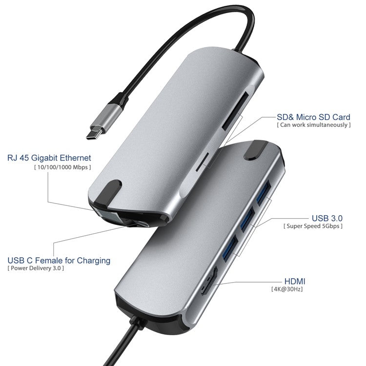 FX-1916 Type-C HUB 8 in 1 USB-C Adapter with 4K@30Hz HDMI / 100W PD USB C Port / USB 3.0 / RJ45 Ethernet / SD / TF Card Reader Docking Station