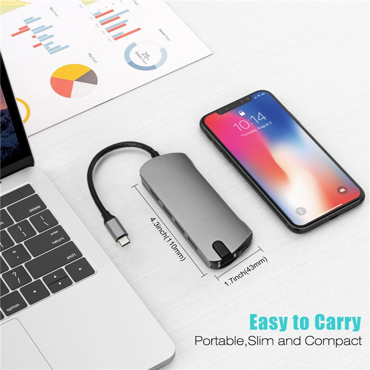 FX-1916 Type-C HUB 8 in 1 USB-C Adapter with 4K@30Hz HDMI / 100W PD USB C Port / USB 3.0 / RJ45 Ethernet / SD / TF Card Reader Docking Station