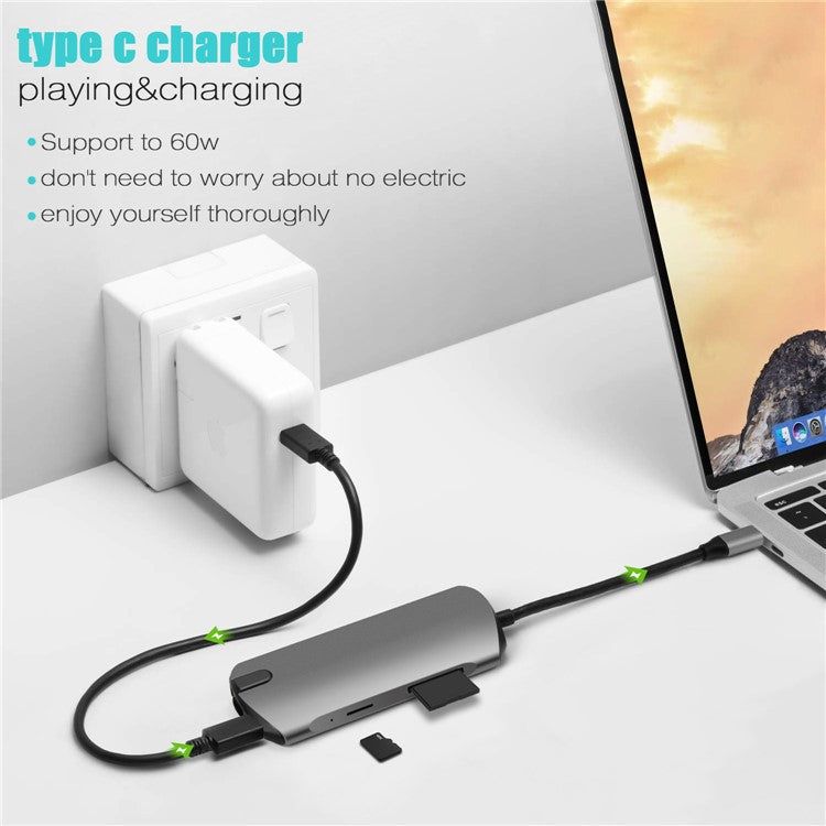 FX-1916 Type-C HUB 8 in 1 USB-C Adapter with 4K@60Hz HDMI / 100W PD USB C Port / USB 3.0 / RJ45 Ethernet / SD / TF Card Reader Docking Station