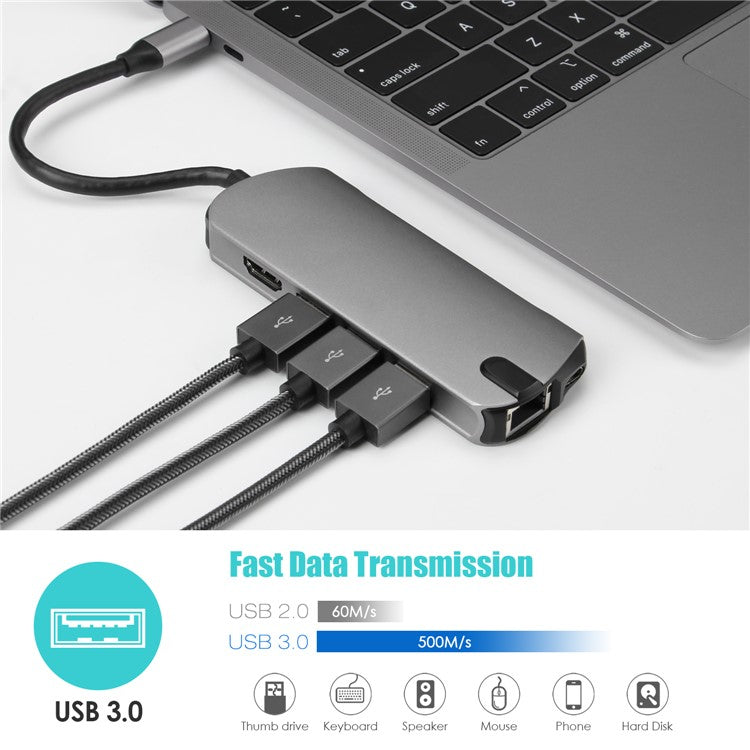 FX-1916 Type-C HUB 8 in 1 USB-C Adapter with 4K@60Hz HDMI / 100W PD USB C Port / USB 3.0 / RJ45 Ethernet / SD / TF Card Reader Docking Station