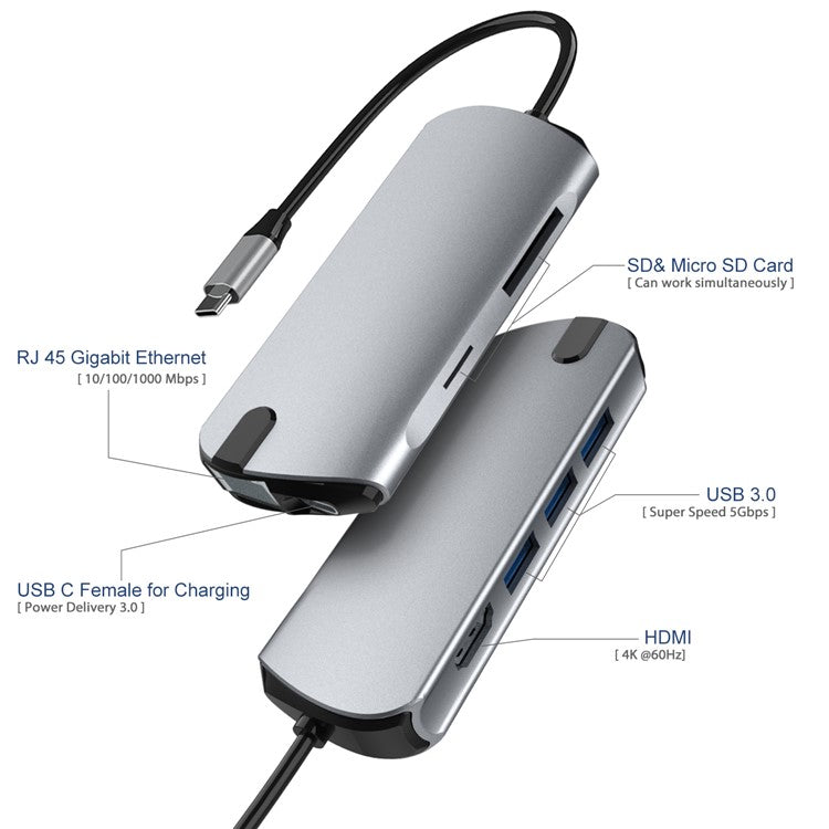 FX-1916 Type-C HUB 8 in 1 USB-C Adapter with 4K@60Hz HDMI / 100W PD USB C Port / USB 3.0 / RJ45 Ethernet / SD / TF Card Reader Docking Station