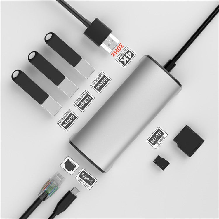 FX-1926 8-in-1 Type-C Hub with 4K HD, Gigabit Ethernet, 3x USB 3.0 Ports, SD / TF Card Reader