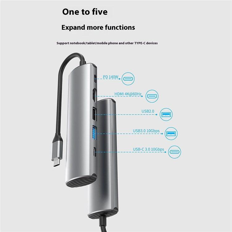 FX-2310C 5-in-1 Data Transfer Type-C Hub with 4K 60Hz HD, USB-A / USB-C and PD 140W Charging Port