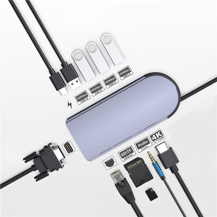 FX-1939C Docking Station Type-C to USB-C + 4xUSB2.0 + SD / TF Card Slot + 3.5mm + 4K HD + VGA + RJ45 USB Hub Adapter