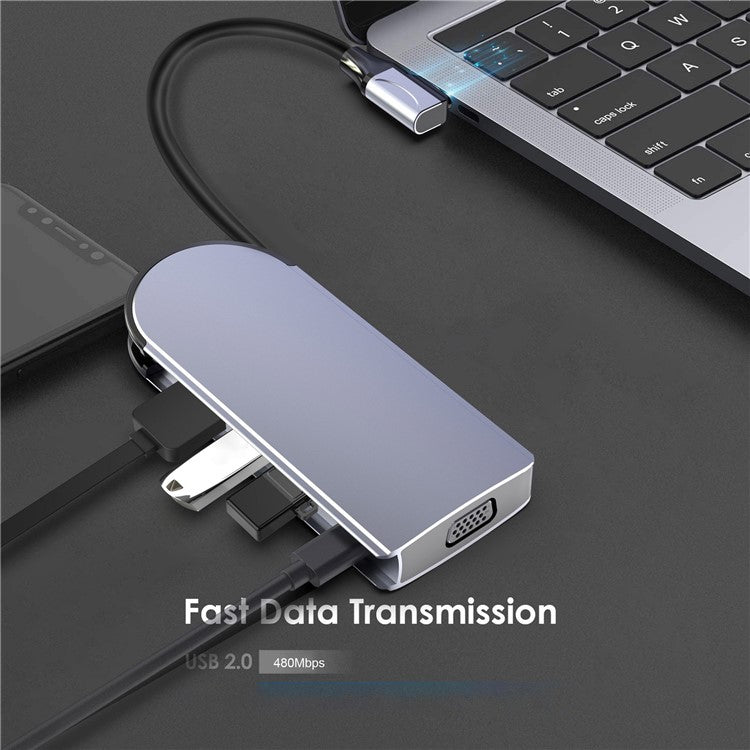 FX-1939C Docking Station Type-C to USB-C + 4xUSB2.0 + SD / TF Card Slot + 3.5mm + 4K HD + VGA + RJ45 USB Hub Adapter