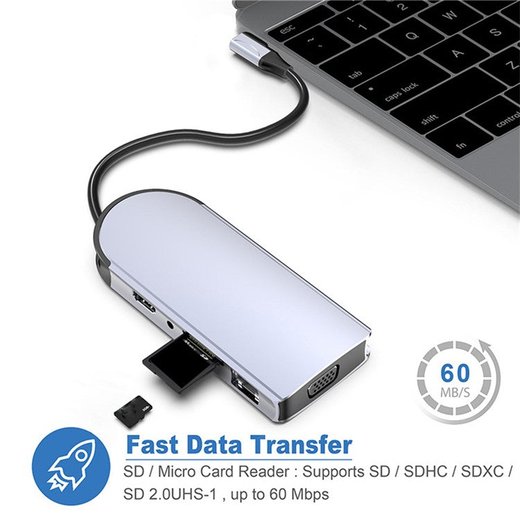 FX-1939C Docking Station Type-C to USB-C + 4xUSB2.0 + SD / TF Card Slot + 3.5mm + 4K HD + VGA + RJ45 USB Hub Adapter