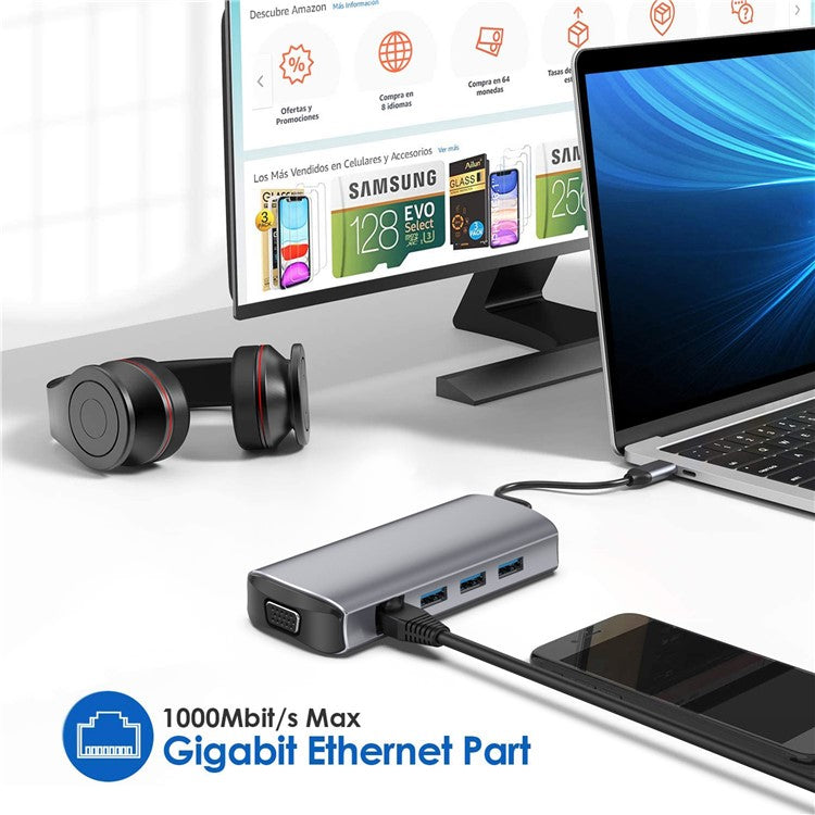 1928 11-in-1 Docking Station Type-C to USB-C + USB2.0 + 3xUSB3.0 + SD / TF Card Slot + 3.5mm + 4K HD + VGA + RJ45 USB Hub Adapter