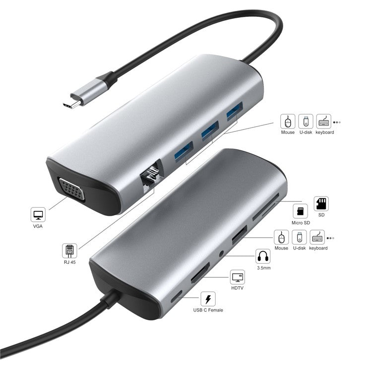 1928 11-in-1 Docking Station Type-C to USB-C + USB2.0 + 3xUSB3.0 + SD / TF Card Slot + 3.5mm + 4K HD + VGA + RJ45 USB Hub Adapter