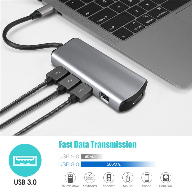 1928 11-in-1 Docking Station Type-C to USB-C + USB2.0 + 3xUSB3.0 + SD / TF Card Slot + 3.5mm + 4K HD + VGA + RJ45 USB Hub Adapter