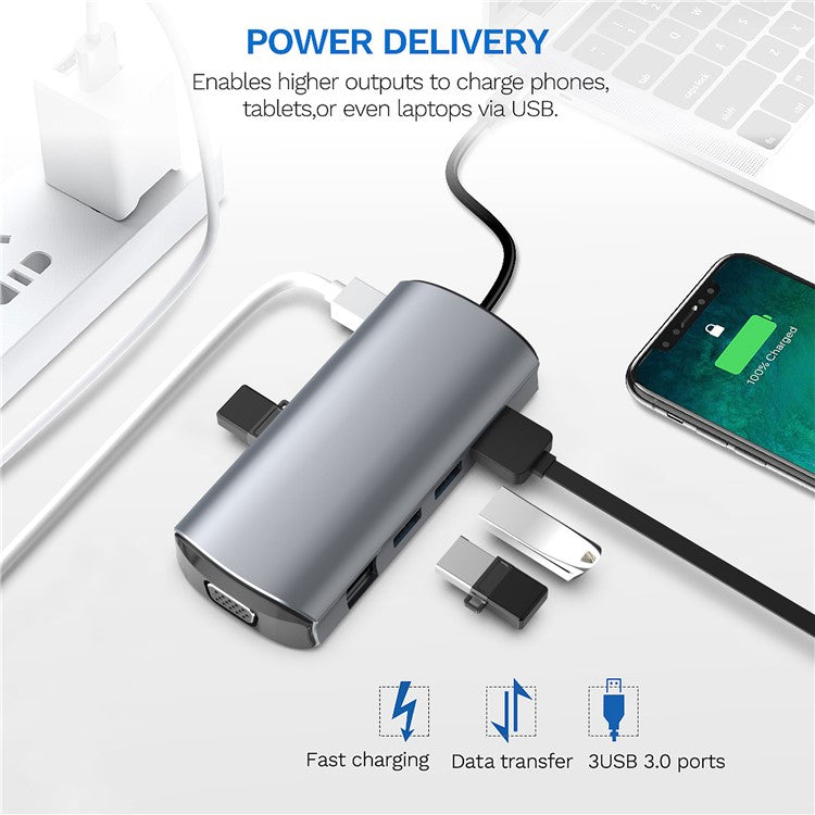 1928 11-in-1 Docking Station Type-C to USB-C + USB2.0 + 3xUSB3.0 + SD / TF Card Slot + 3.5mm + 4K HD + VGA + RJ45 USB Hub Adapter