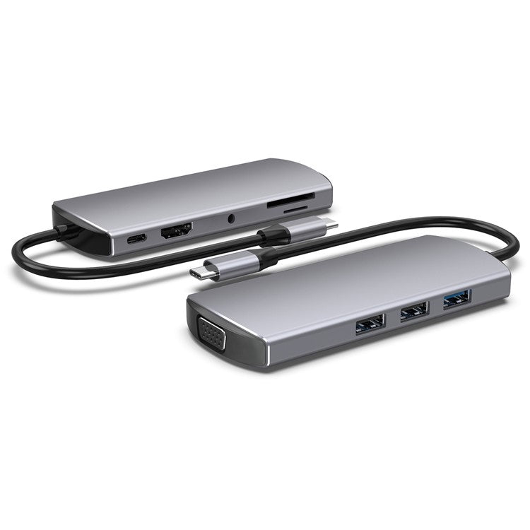 FX-1928G 9-in-1 USB Hub Docking Station Type-C to USB-C + 3xUSB3.0 + SD / TF Card Slot + 3.5mm + 4K HD + VGA Adapter