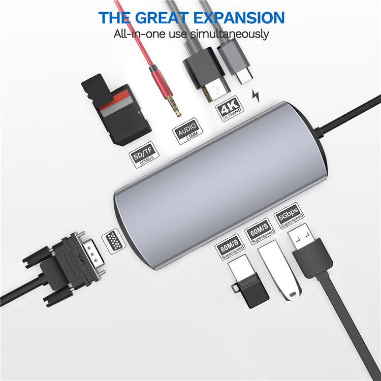 FX-1928G 9-in-1 USB Hub Docking Station Type-C to USB-C + 3xUSB3.0 + SD / TF Card Slot + 3.5mm + 4K HD + VGA Adapter