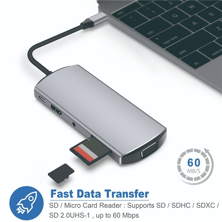 FX-1928G 9-in-1 USB Hub Docking Station Type-C to USB-C + 3xUSB3.0 + SD / TF Card Slot + 3.5mm + 4K HD + VGA Adapter