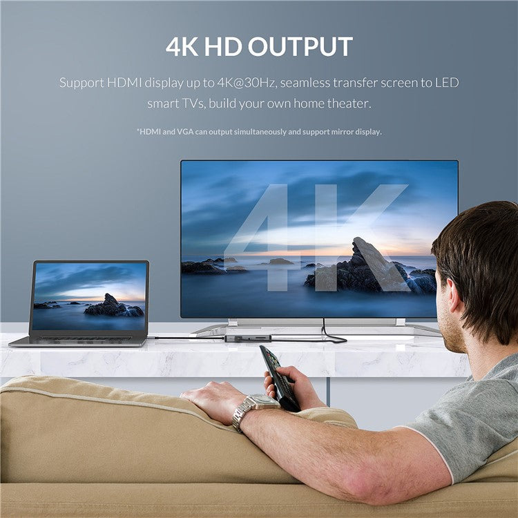 FX-1928G 9-in-1 USB Hub Docking Station Type-C to USB-C + 3xUSB3.0 + SD / TF Card Slot + 3.5mm + 4K HD + VGA Adapter