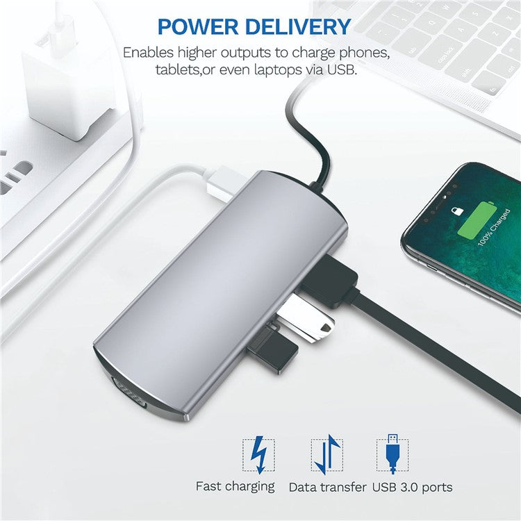 FX-1928G 9-in-1 USB Hub Docking Station Type-C to USB-C + 3xUSB3.0 + SD / TF Card Slot + 3.5mm + 4K HD + VGA Adapter