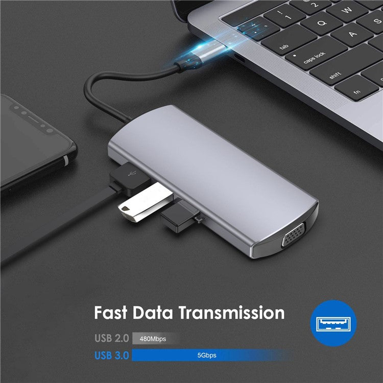 FX-1928G 9-in-1 USB Hub Docking Station Type-C to USB-C + 3xUSB3.0 + SD / TF Card Slot + 3.5mm + 4K HD + VGA Adapter