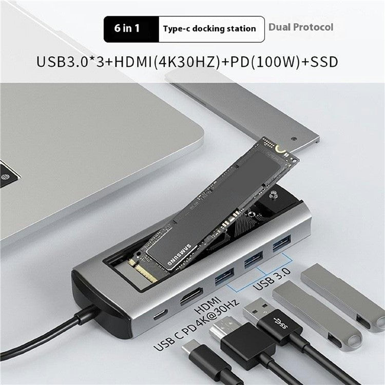 FX-2303A 6-in-1 USB Hub Type-C to 3xUSB3.0 + HD + USB-C PD + Hard Disk Enclosure Docking Station, SATA+NVME Dual Protocol