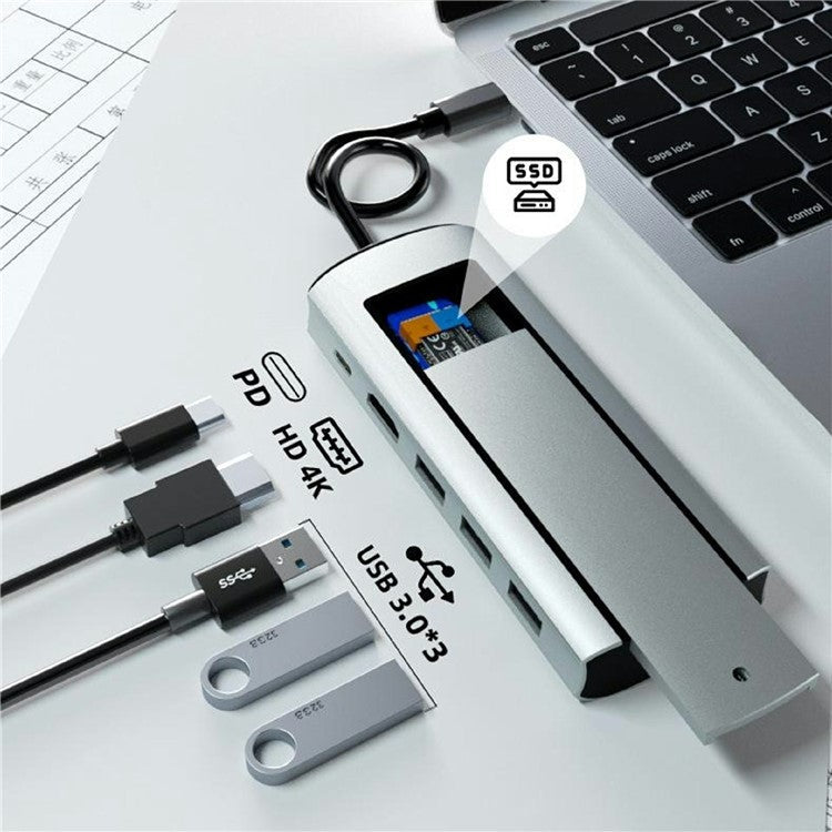 FX-2303A 6-in-1 USB Hub Type-C to 3xUSB3.0 + HD + USB-C PD + Hard Disk Enclosure Docking Station, SATA+NVME Dual Protocol