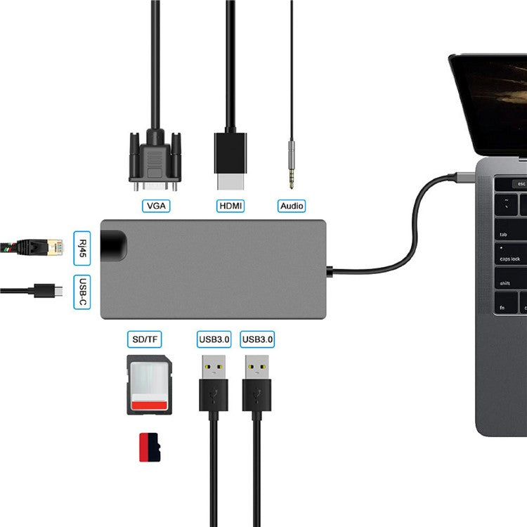 FX-1818 9-in-1 USB Hub Docking Station Type-C to USB-C + 2xUSB3.0 + SD / TF Slot + 3.5mm + HD + VGA + RJ45 Gigabit Adapter
