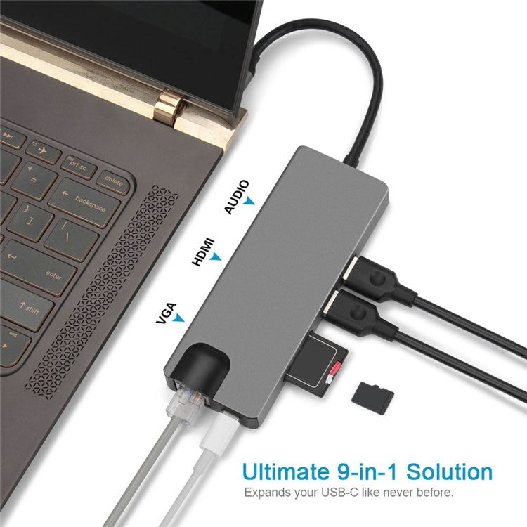 FX-1818 9-in-1 USB Hub Docking Station Type-C to USB-C + 2xUSB3.0 + SD / TF Slot + 3.5mm + HD + VGA + RJ45 Gigabit Adapter