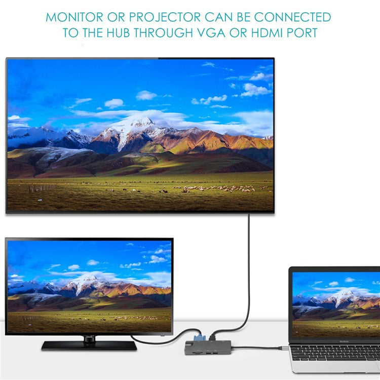 FX-1818 9-in-1 USB Hub Docking Station Type-C to USB-C + 2xUSB3.0 + SD / TF Slot + 3.5mm + HD + VGA + RJ45 Gigabit Adapter