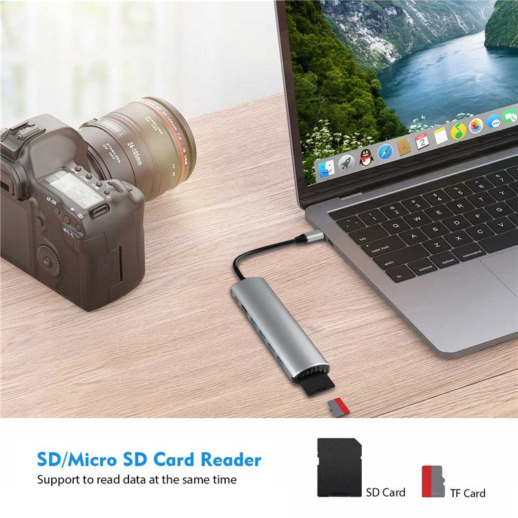 FX-1919H 8-in-1 USB Hub Docking Station Type-C to USB-C + 4xUSB3.0 + SD / TF Slot + 4K HD Adapter