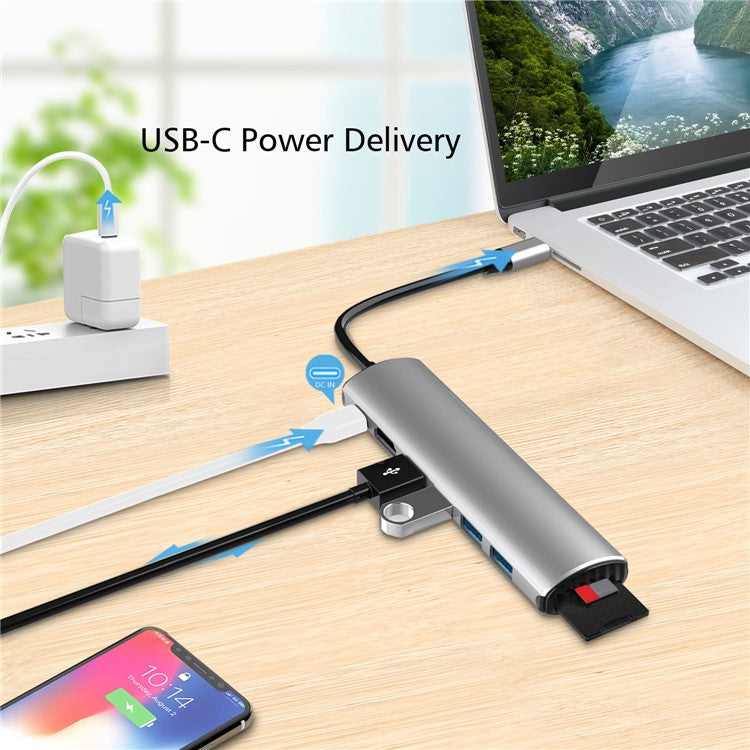 FX-1919H 8-in-1 USB Hub Docking Station Type-C to USB-C + 4xUSB3.0 + SD / TF Slot + 4K HD Adapter