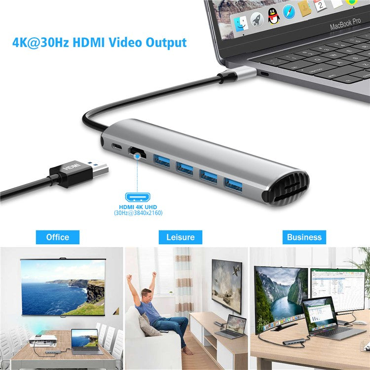 FX-1919H 8-in-1 USB Hub Docking Station Type-C to USB-C + 4xUSB3.0 + SD / TF Slot + 4K HD Adapter