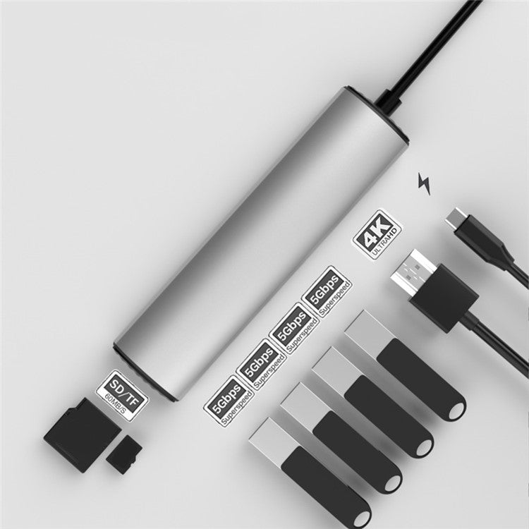 FX-1919H 8-in-1 USB Hub Docking Station Type-C to USB-C + 4xUSB3.0 + SD / TF Slot + 4K HD Adapter