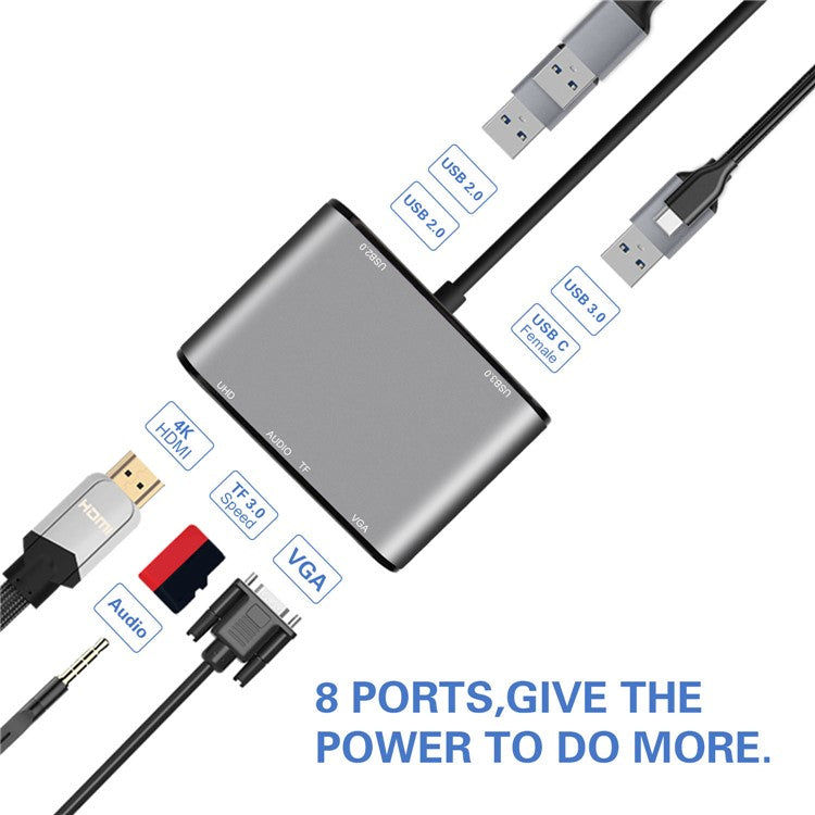 FX-1815B 8-in-1 Type-C Hub with 4K HD + USB 3.0 + 2x USB 2.0 + HD + VGA + TF Card Reader