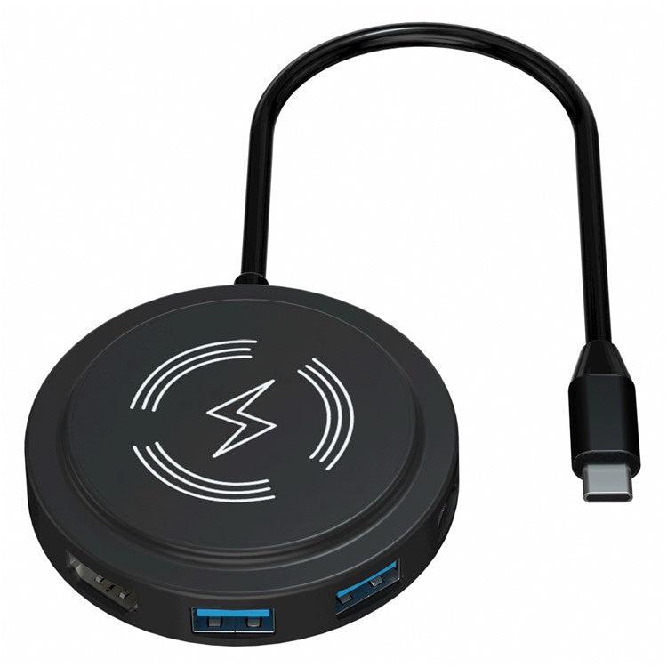 FX-2318A 6-in-1 Type-C Hub 15W Wireless Charger Round Docking Station with 4K HD Output