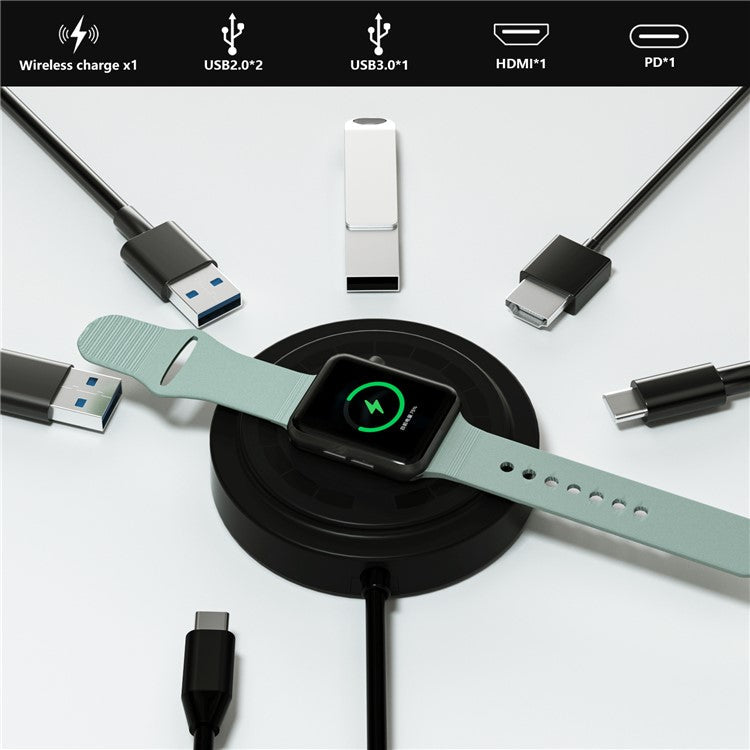 FX-2318A 6-in-1 Type-C Hub 15W Wireless Charger Round Docking Station with 4K HD Output