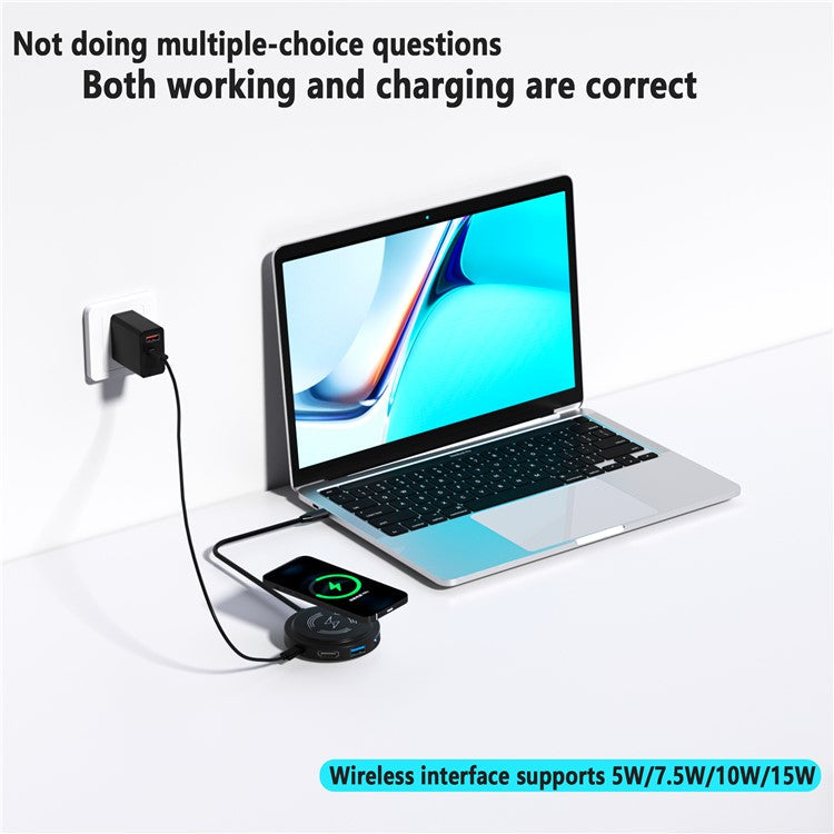 FX-2318A 6-in-1 Type-C Hub 15W Wireless Charger Round Docking Station with 4K HD Output