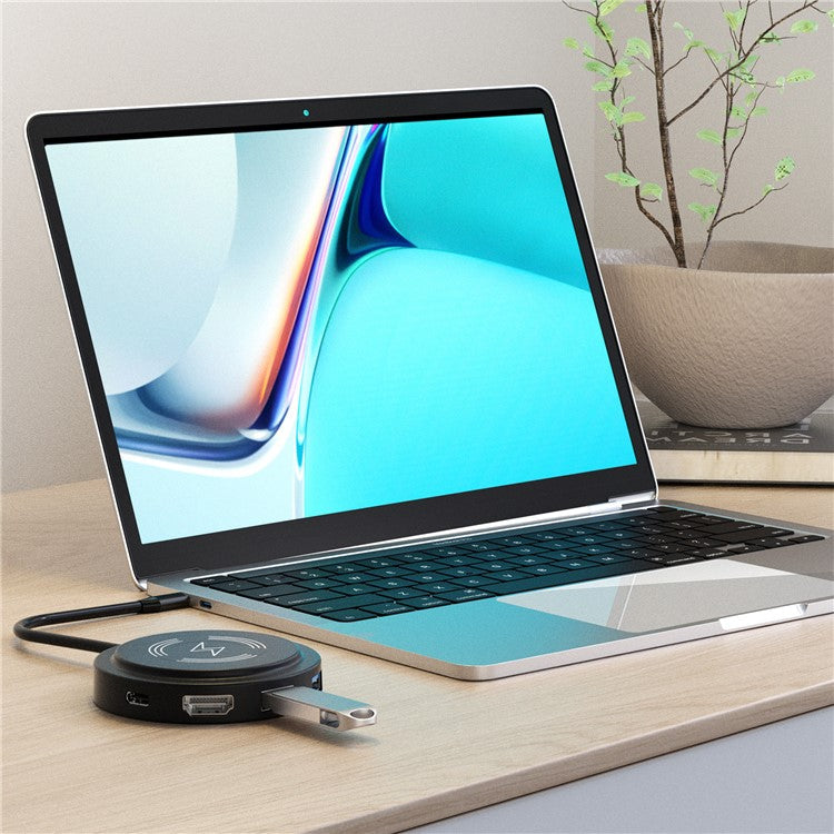 FX-2318A 6-in-1 Type-C Hub 15W Wireless Charger Round Docking Station with 4K HD Output