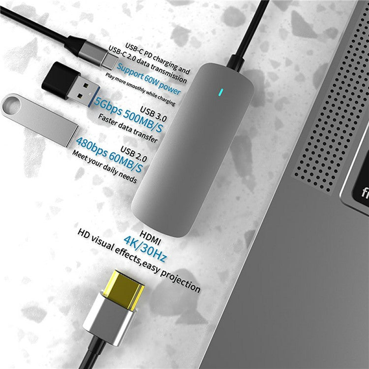 FX-1804H 4-in-1 Aluminum Alloy Type-C Hub with 2x USB-A, HD 4K and PD Charging USB-C