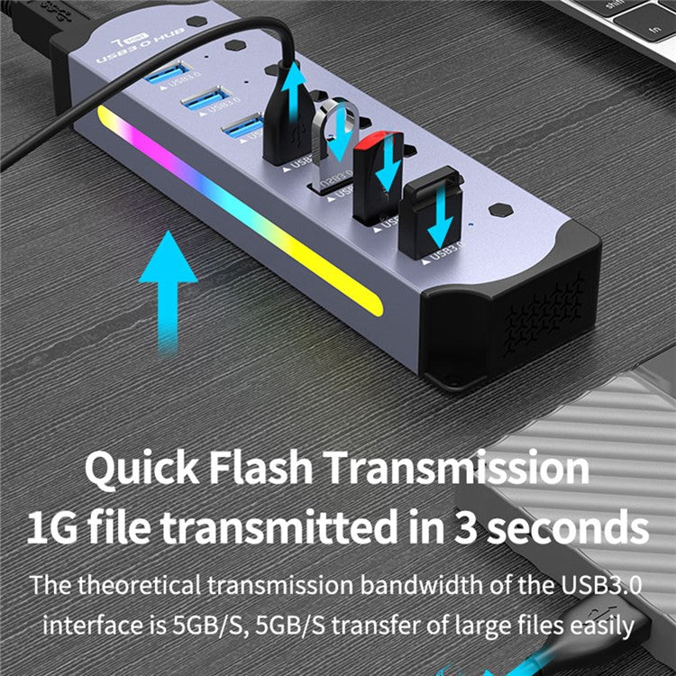 YX-H307 7 Port USB 3.0 Hub with Individual On / Off Switches and Lights 5Gbps Data Transfer for Laptop / PC