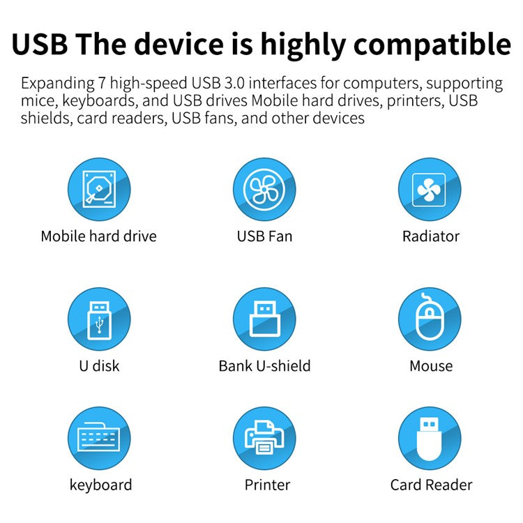 YX-H307 7 Port USB 3.0 Hub with Individual On / Off Switches and Lights 5Gbps Data Transfer for Laptop / PC