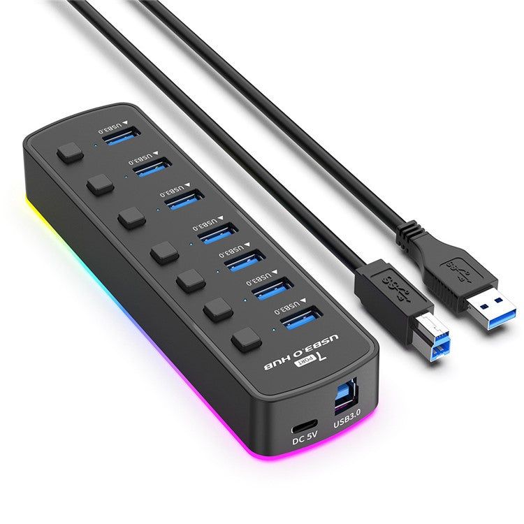U307 7-Port USB 3.0 Hub Splitter with Individual Switches and 14 RGB Lighting Modes for Computer TV