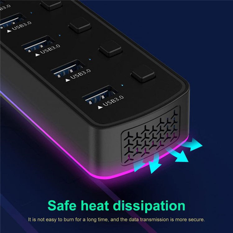 U307 7-Port USB 3.0 Hub Splitter with Individual Switches and 14 RGB Lighting Modes for Computer TV