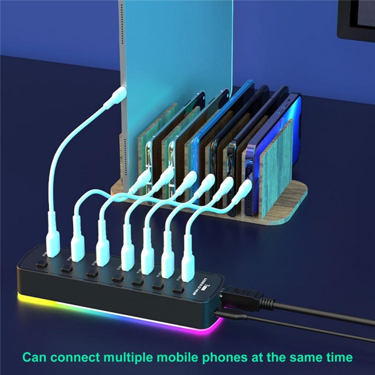 U307 7-Port USB 3.0 Hub Splitter with Individual Switches and 14 RGB Lighting Modes for Computer TV