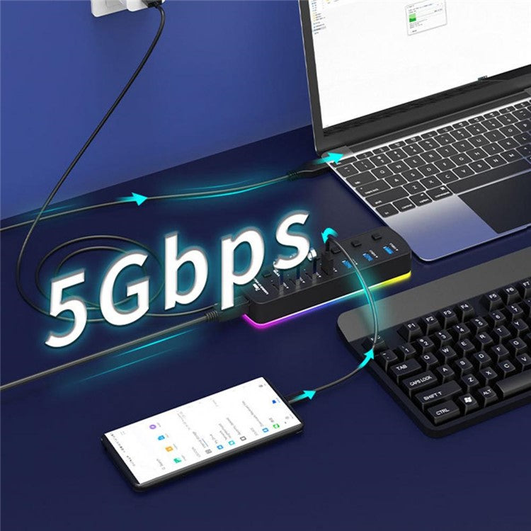 U307 7-Port USB 3.0 Hub Splitter with Individual Switches and 14 RGB Lighting Modes for Computer TV