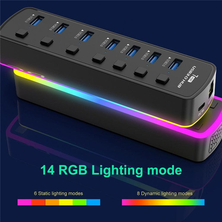 U307 7-Port USB 3.0 Hub Splitter with Individual Switches and 14 RGB Lighting Modes for Computer TV