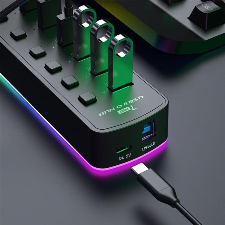 U307 7-Port USB 3.0 Hub Splitter with Individual Switches and 14 RGB Lighting Modes for Computer TV