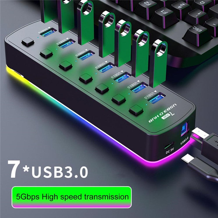 U307 7-Port USB 3.0 Hub Splitter with Individual Switches and 14 RGB Lighting Modes for Computer TV